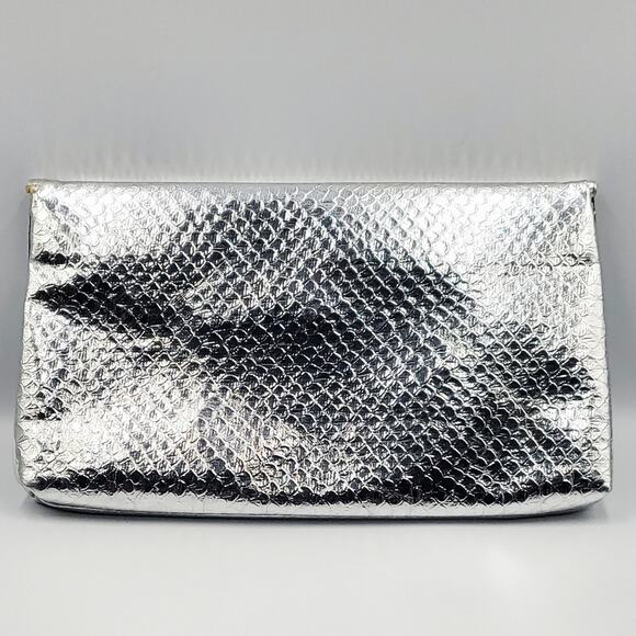 Vtg Silver Mermaid Micro Flap Faux Snake Leather Foldover Clutch Shoulder Bag - Picture 2 of 12